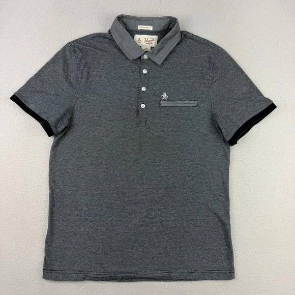 Original Penguin Polo Shirt Mens L Gray Striped Heritage Slim‎ Fit Short Sleeve
