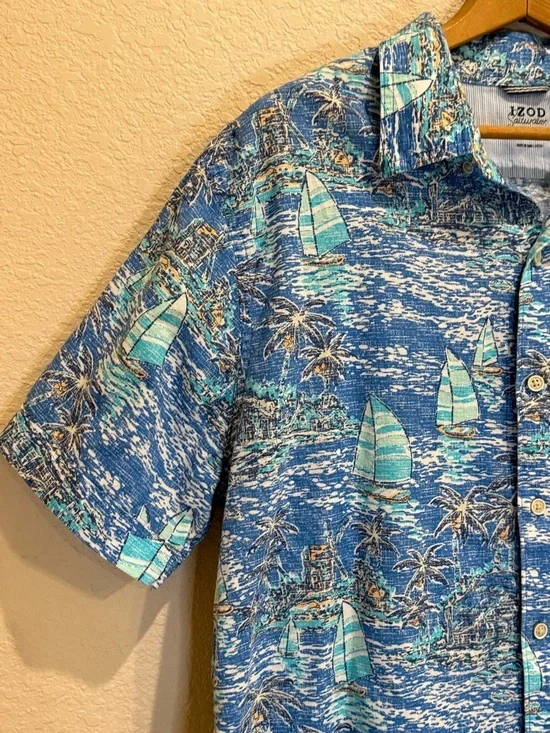 IZOD Saltwater Sailboat Palm Tree Tropical Button Down Shirt XL Blue Cotton