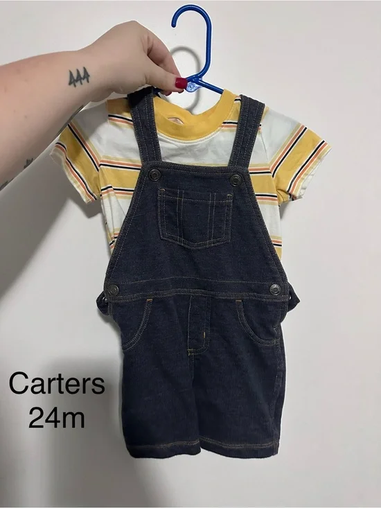 Carter's Yellow Stripe Tee with Dark Blue Denim Shortalls