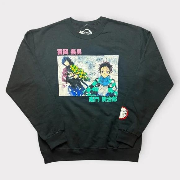 Demon Slayer Tanjiro Giyu Graphic Sweatshirt Black Crewneck Anime Mens Med NWT