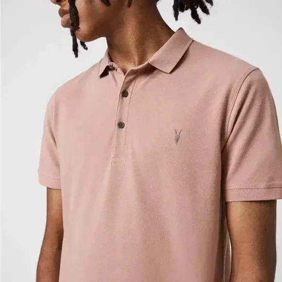 AllSaints Vidal Dusty Pink‎ Polo Ramskull logo Mens XL