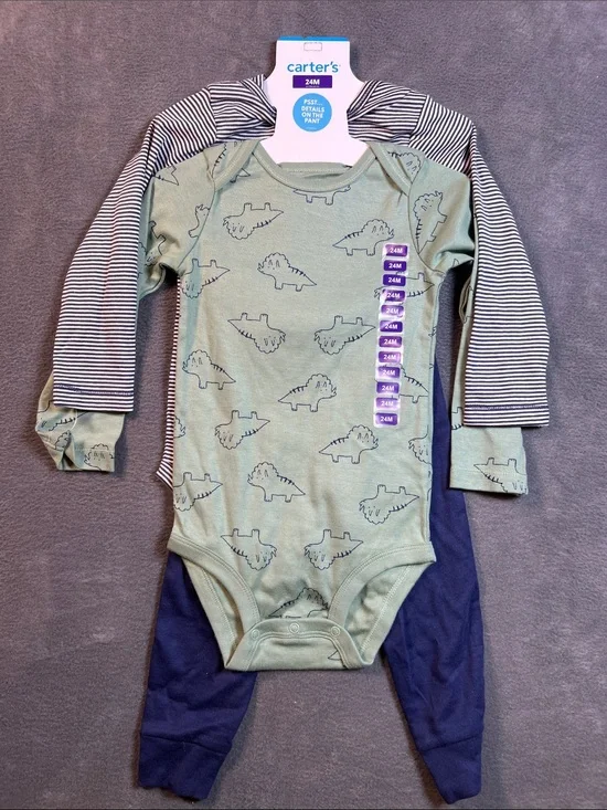 Carter's Sage Dino & Navy Stripe Long-Sleeve One-Piece Set