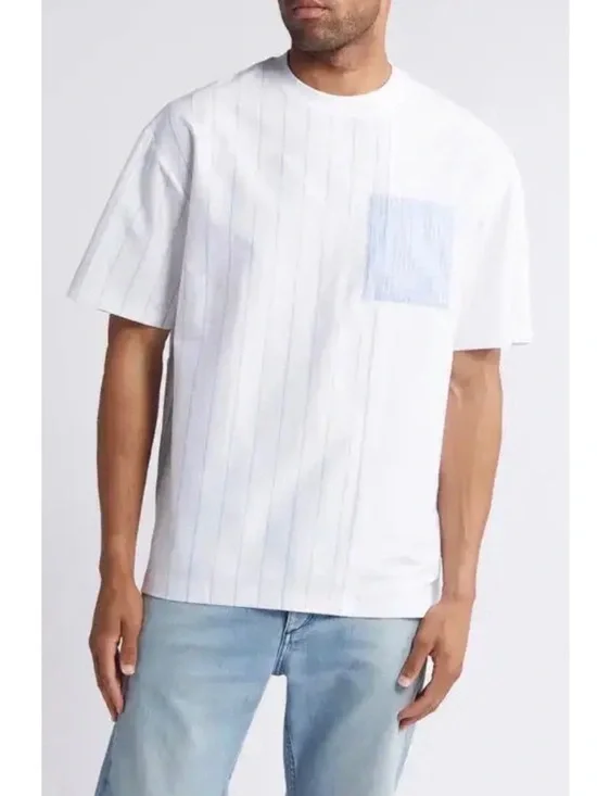 Hugo Boss Cotton Pinstripe Pocket T-Shirt White Blue Mens Large