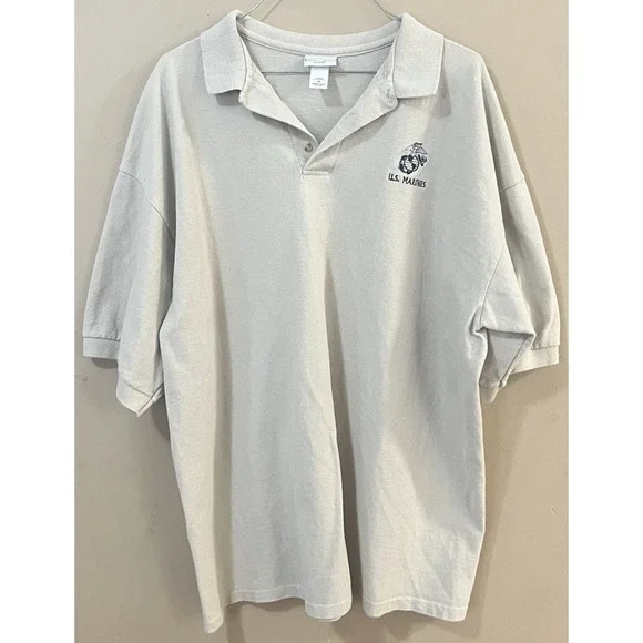 US Marines Polo Shirt Men's 2XL Beige Cotton Deluxe by Anvil Military Casual USA