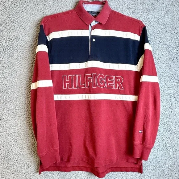 Tommy Hilfiger Mens Small Rugby Shirt Long Sleeve Colorblock Navy Red White 90s