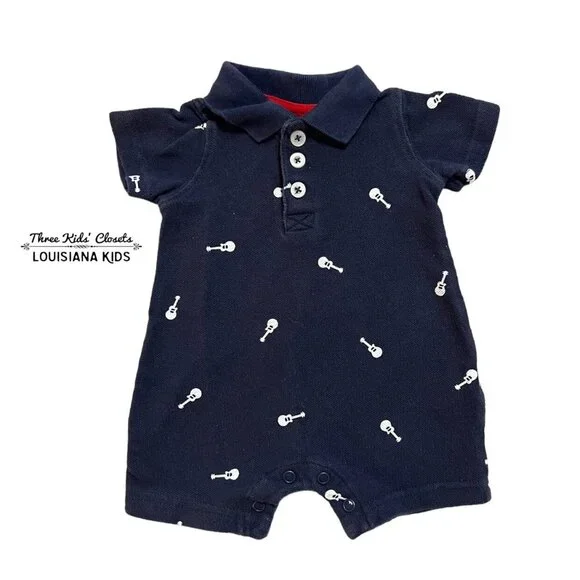 Carter's NB Newborn Navy Blue Guitar Polo Romper