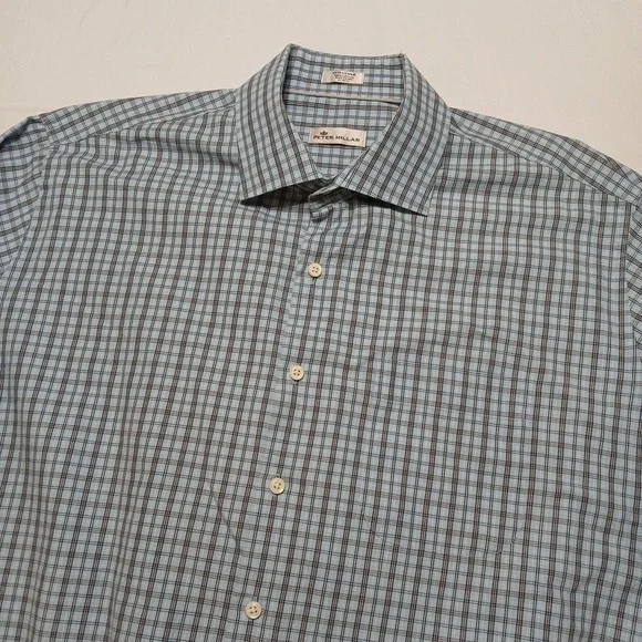 Peter Millar Men's Blue Cotton Plaid Check Long‎ Sleeve Button Shirt Size XL