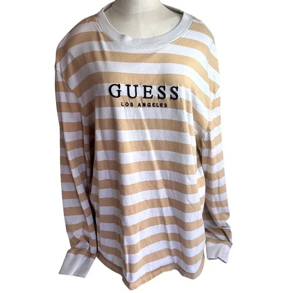 Guess Long Sleeve T-Shirt Mens Large Tan White‎ Striped Embroidered Logo
