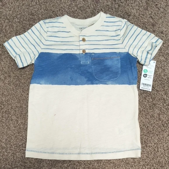 Carter's Cream & Blue Striped Colorblock Henley Pocket Tee
