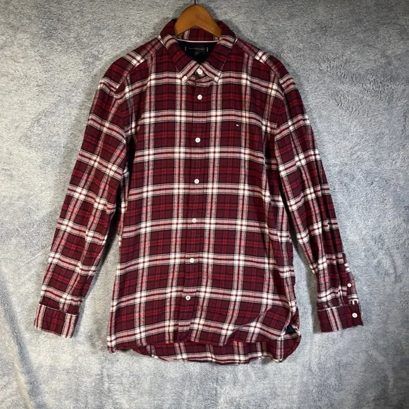 Tommy Hilfiger Men's XL Regular Fit Long Sleeve Flannel Shirt Red White Plaid‎