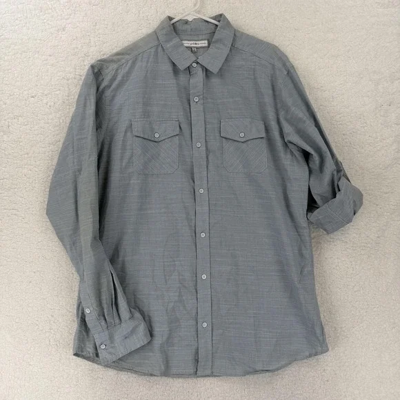 Pd&c‎ Shirt Mens Large Gray Solid Long Sleeve Button Front Dual Pocket Cotton