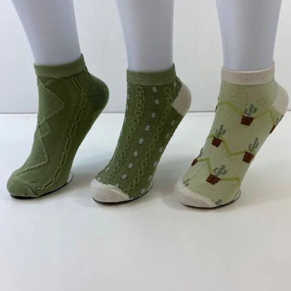 Womens 3-Pack Ankle Socks Cactus Polka Dots Cable Knit Diamond Pattern Green