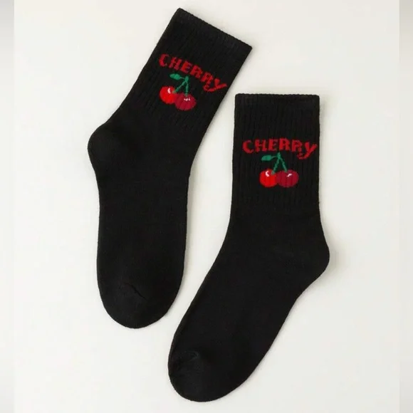 •Cherry Pop• Black Graphic Cherry Print Crew Socks 3 for $21