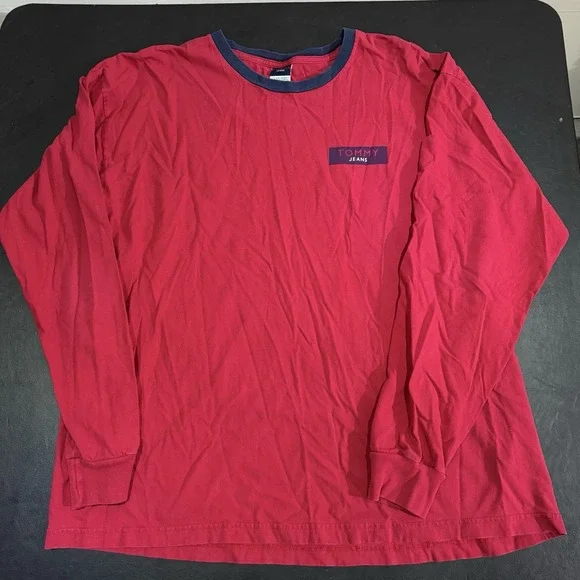 Vintage Tommy Hilfiger Jeans Long Sleeve Shirt Red Logo 90s Y2K Mens‎ 2XL