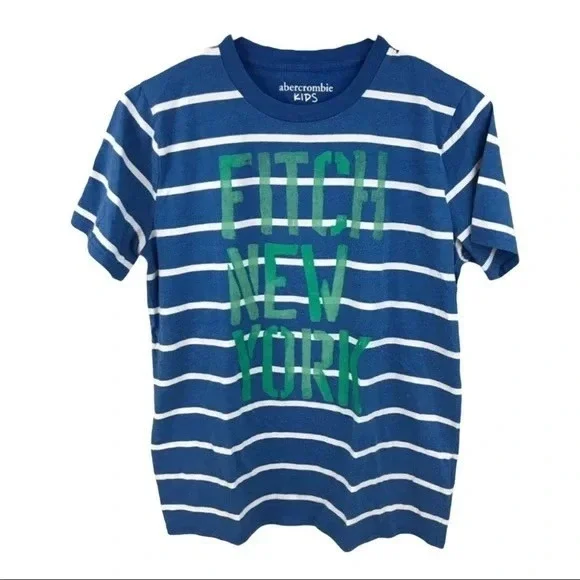 Abercrombie Kids Boys Blue White Striped Fitch‎ New York Graphic T-Shirt 15/16