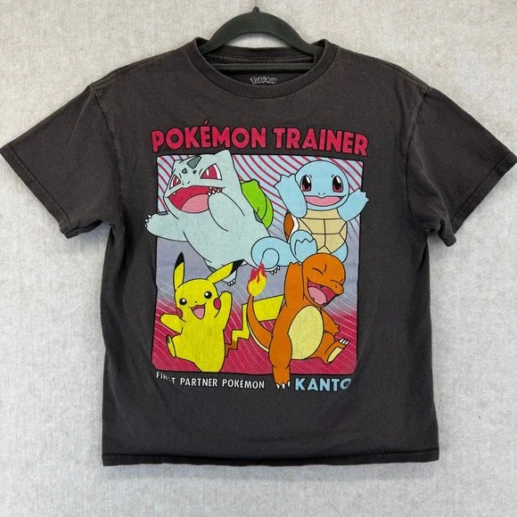 Pokemon Trainer Kids Shirt Kanto First Partner Pikachu Gray Tee Size L 10/12