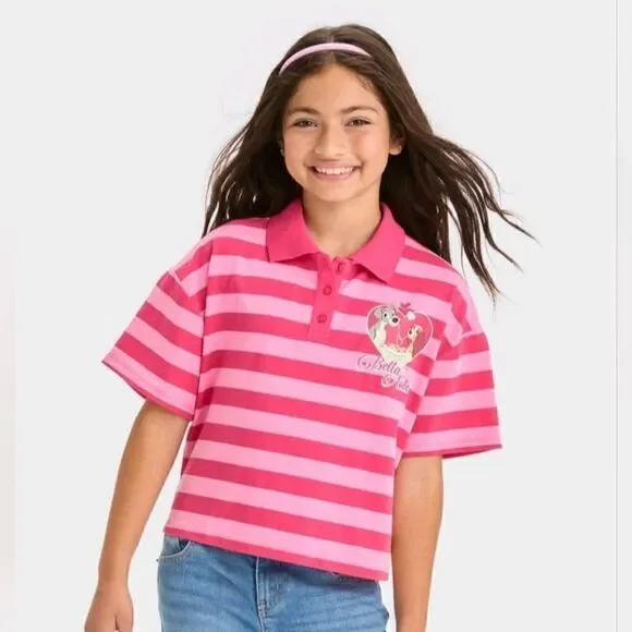 Nwt Girls' Disney Lady & The Tramp Valentine's Day Croped Polo Graphic T-Shirt