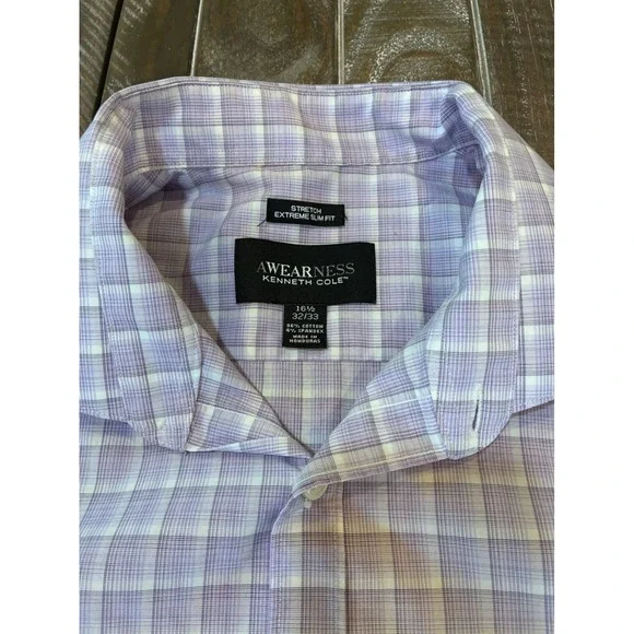 Awearness Kenneth Cole Mens Slim Fit Stretch Shirt Purple Plaid  16.5 32/33