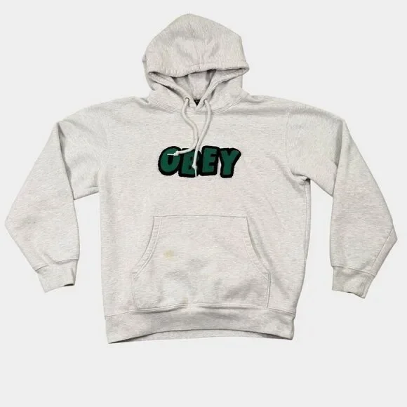 OBEY Worldwide Hoodie Mens Medium Heather Grey Green Chenille Patch Logo