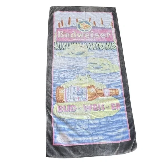 VTG 90s Budweiser Frogs Beach Towel King of Beers Lilly Pad Reeds 28x55 FADED