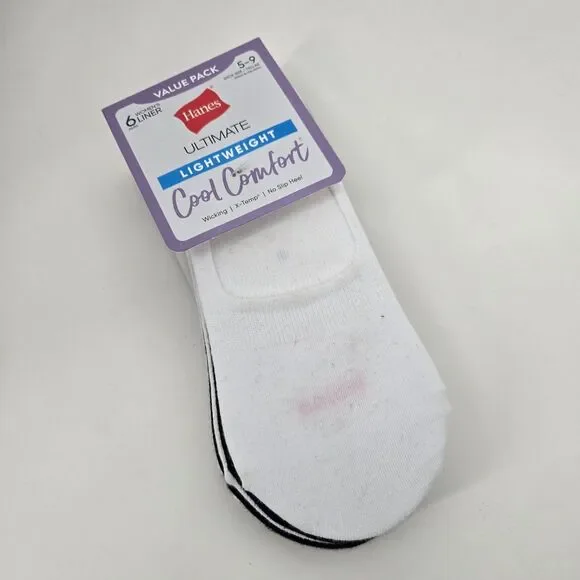Hanes White Black Ultimate‎ Cool Comfort Lightweight 6pk Liner Socks Womens 5-9