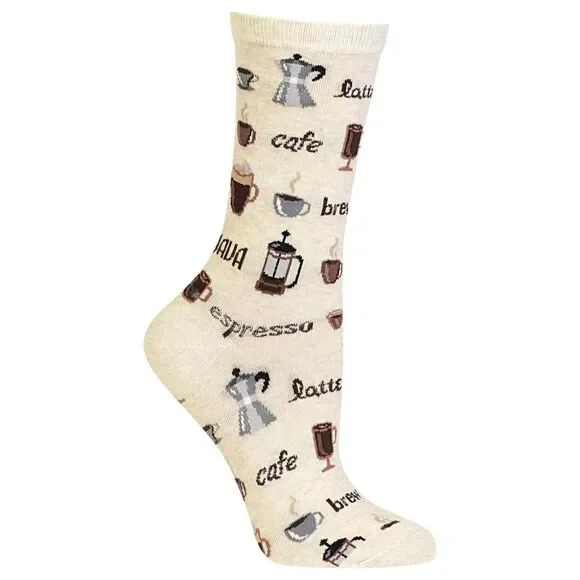 New HotSox Women Coffee Crew Socks Size 4-10.5‎ Espresso Cafe French Press
