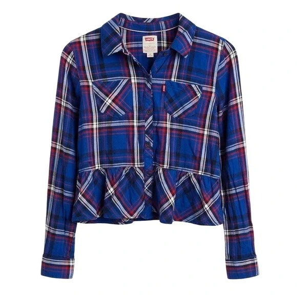 Levi's Plaid Flannel Peplum Button Down‎ Shirt - Size Kids XL or Women's XS