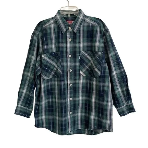 Levi’s Y2K green plaid button up flannel shirt‎ boys L 16/18 New Deadstock