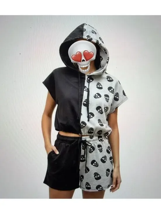 OUTFIT 2 PIECE Two-Tone Skull Print Hooded Crop Top and Shorts Set SIZE MED 7 9