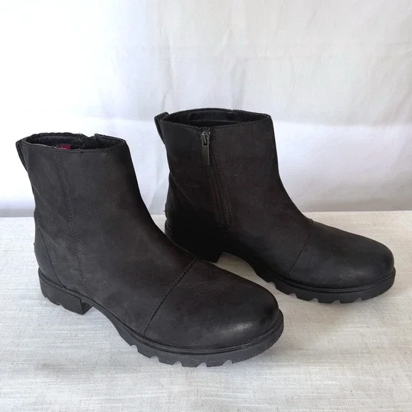 Sorel Emelie III Zip Waterproof Leather Ankle Boots Black Lug Sole Chelsea