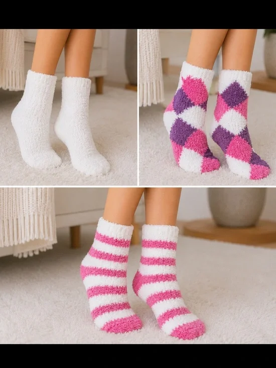 Gold Medal Pink Purple White Argyle Striped Super Soft Plush Butter Crew Socks