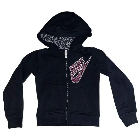 Nike Sweatshirt Girls Size 6 Black Hoodie Full Zip Swoosh
