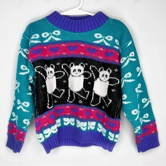Vintage 90s Girls Panda Mock Neck Knit Sweater 5 6