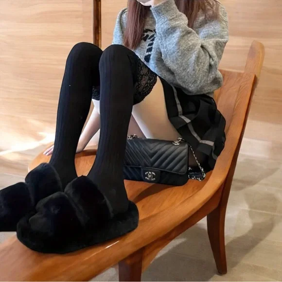 Cozy Black Lace Knee High‎ Socks Soft Warm Over the Knee Long Sleeve Stockings