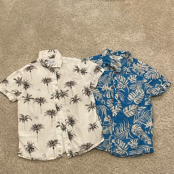 Set of TWO tropical print short sleeve button front shirts, size 6