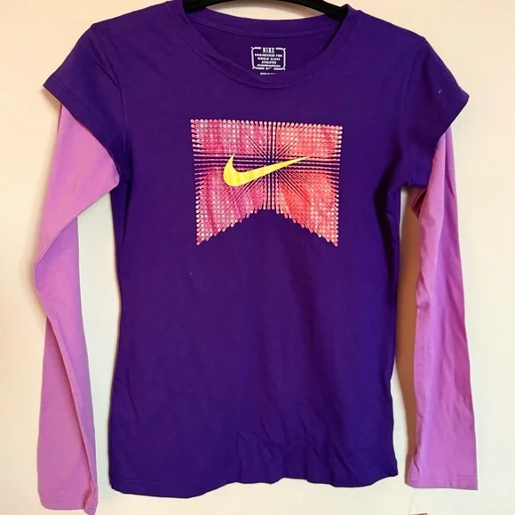 Nike Girls Purple Rhinestone Swoosh Long Sleeve Top Size L