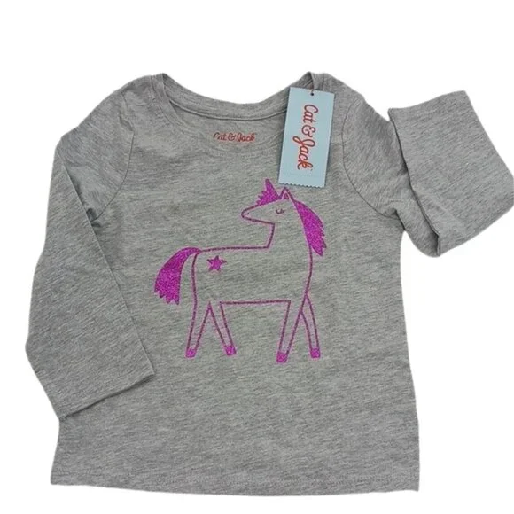 CAT & Jack Unicorn Shirt Long Sleeve Glitter Crew Neck Basic Toddler Girls