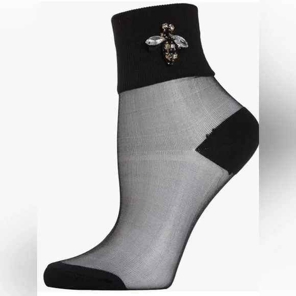MEMOI WOMEN'S QUEEN BEE RHINESTONE CUFF SHEER ANKLET SOCK black new 9-11