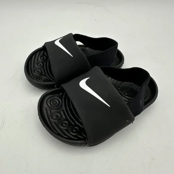 Nike Kawa Slide Toddler 4C Black White Swoosh Elastic Heel Strap BV1094-001