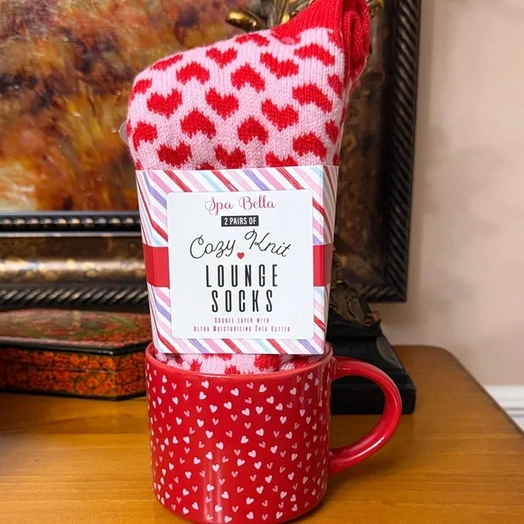Red Heart Cozy Knit Lounge Socks and Heart Mug Gift Set