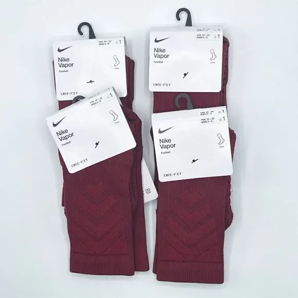 Nike Vapor lot of Four Pair Dark Red Football Crew Socks - Size 3Y-5Y / Women 4-