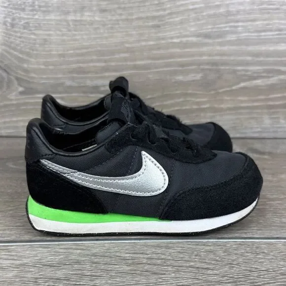 Nike Waffle Trainer 2 Toddler Boy Sz 8 Black Silver Green Low Lace Up Sneakers