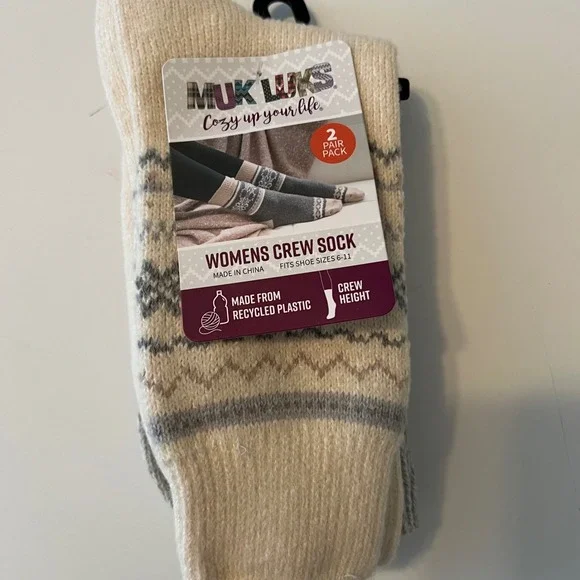 MUK LUKS Womens Crew Socks 2‎ Pair Pack Cream Grey Fair Isle Snowflake 6-11 NEW