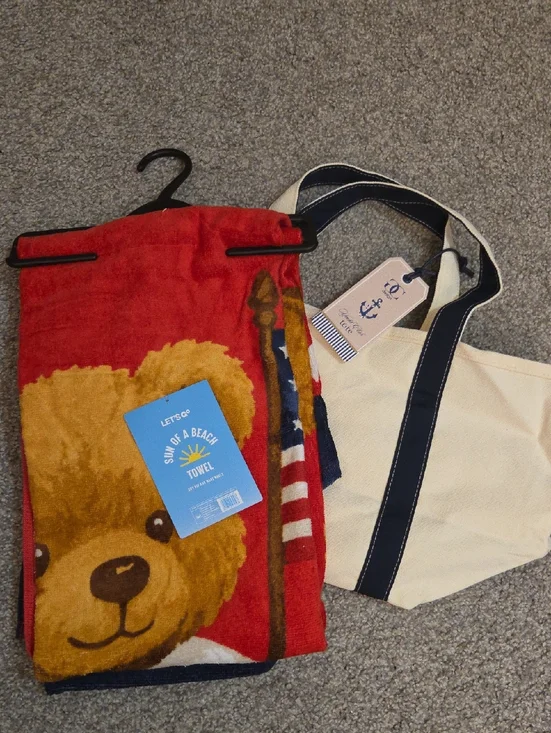 Americana Beach Towel And Tote Set NWT Teddy Bear USA Theme