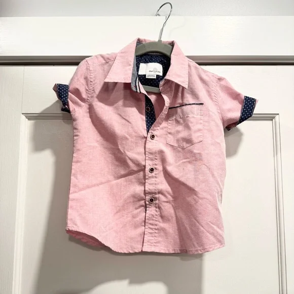 Craft‎ + Flow Toddler Boys Pink Button Up Shirt 3T Contrast Sleeve Turnup Easter