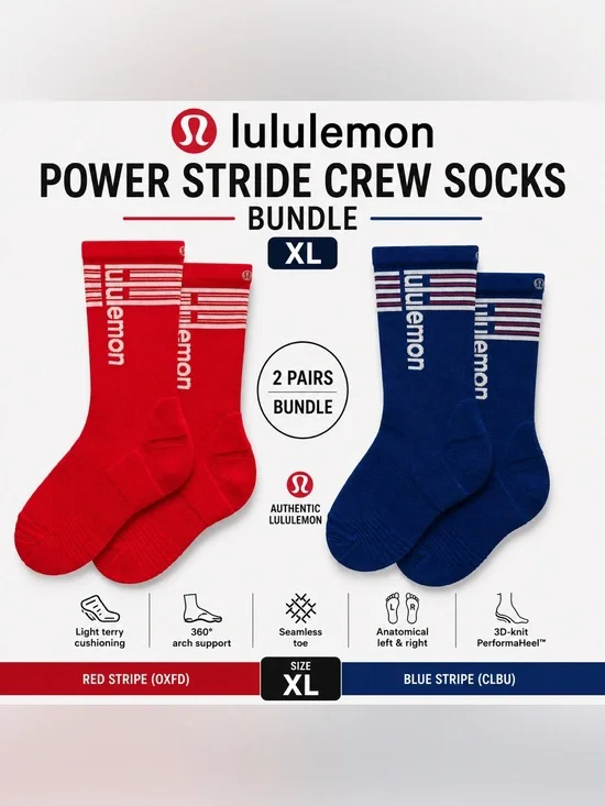 Lululemon Power Stride Crew Socks Bundle Red Blue Stripe Running Training XL