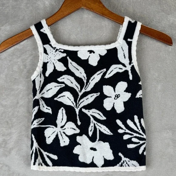 Abercrombie Kids Black White Floral Knit Sweater Tank Top Scallop Trim Size 7/8