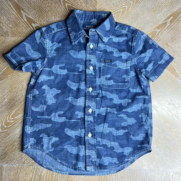 POLO RALPH LAUREN Navy Blue Camo Denim Shortsleeve Buttondown Shirt 4T