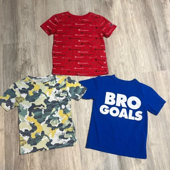 Kids T-Shirt Bundle 3‎ Pack Red Champion Camo Nautica Blue Bro Goals Size 7 8