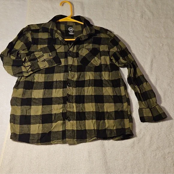Wonder Nation Boys L (10-12) Husky Black Olive Plaid Long Sleeve Button-Up Shirt